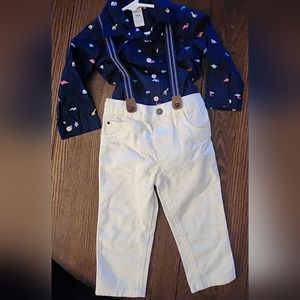 Carters,  18 months, white pants navy blue shirt that button with suspenders.